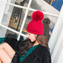 Load image into Gallery viewer, Warm Winter Knit Beanie Hats Trendy Fox Fur Ball Hat Children Monochrome Unisex
