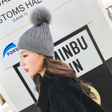 Load image into Gallery viewer, Warm Winter Knit Beanie Hats Trendy Fox Fur Ball Hat Children Monochrome Unisex

