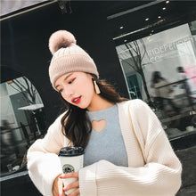 Load image into Gallery viewer, Warm Winter Knit Beanie Hats Trendy Fox Fur Ball Hat Children Monochrome Unisex
