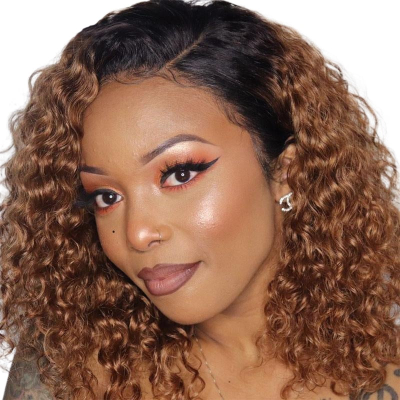 Women Wig Black Brown Gradient Split Small Curly Short Curly Hair Head Cover W111