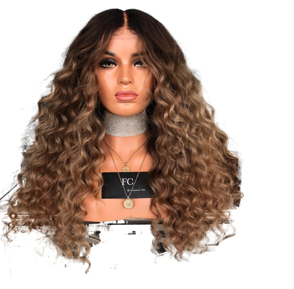 Women Wig Medium Black Gradient Brown Long Curly Hair Head Cover W32