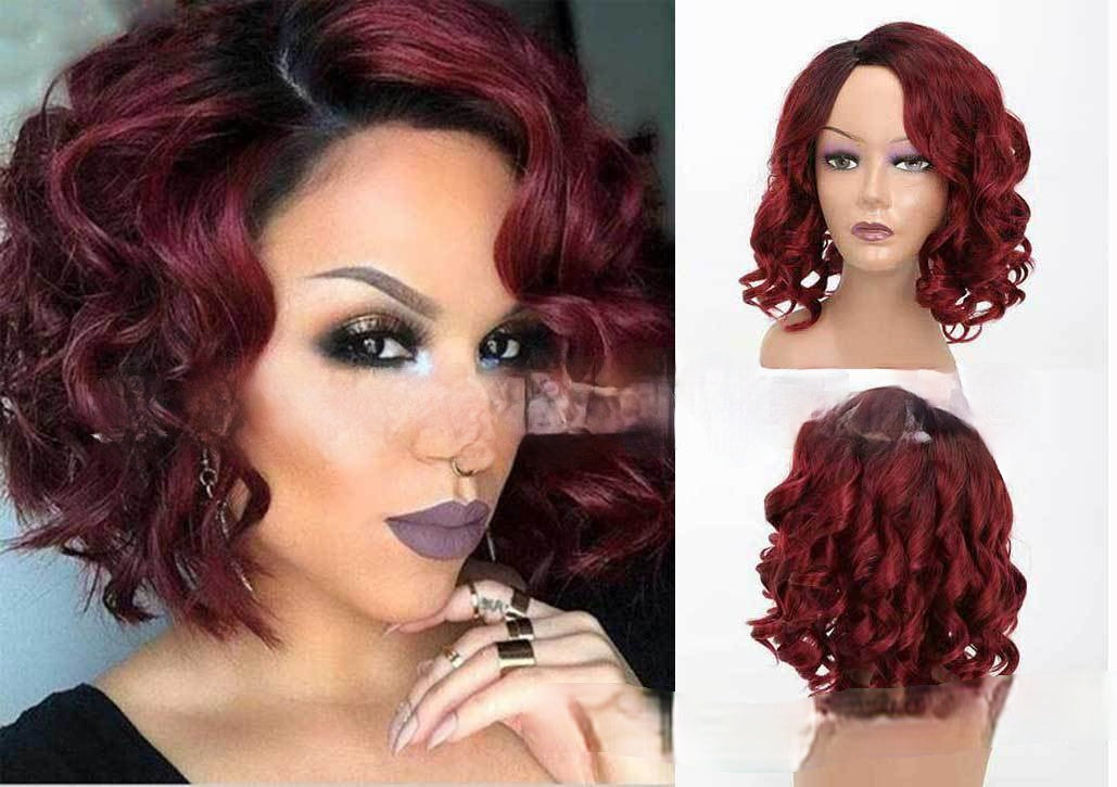 Women Wig Gradient Burgundy Short Curly Hair Head Cover W441
