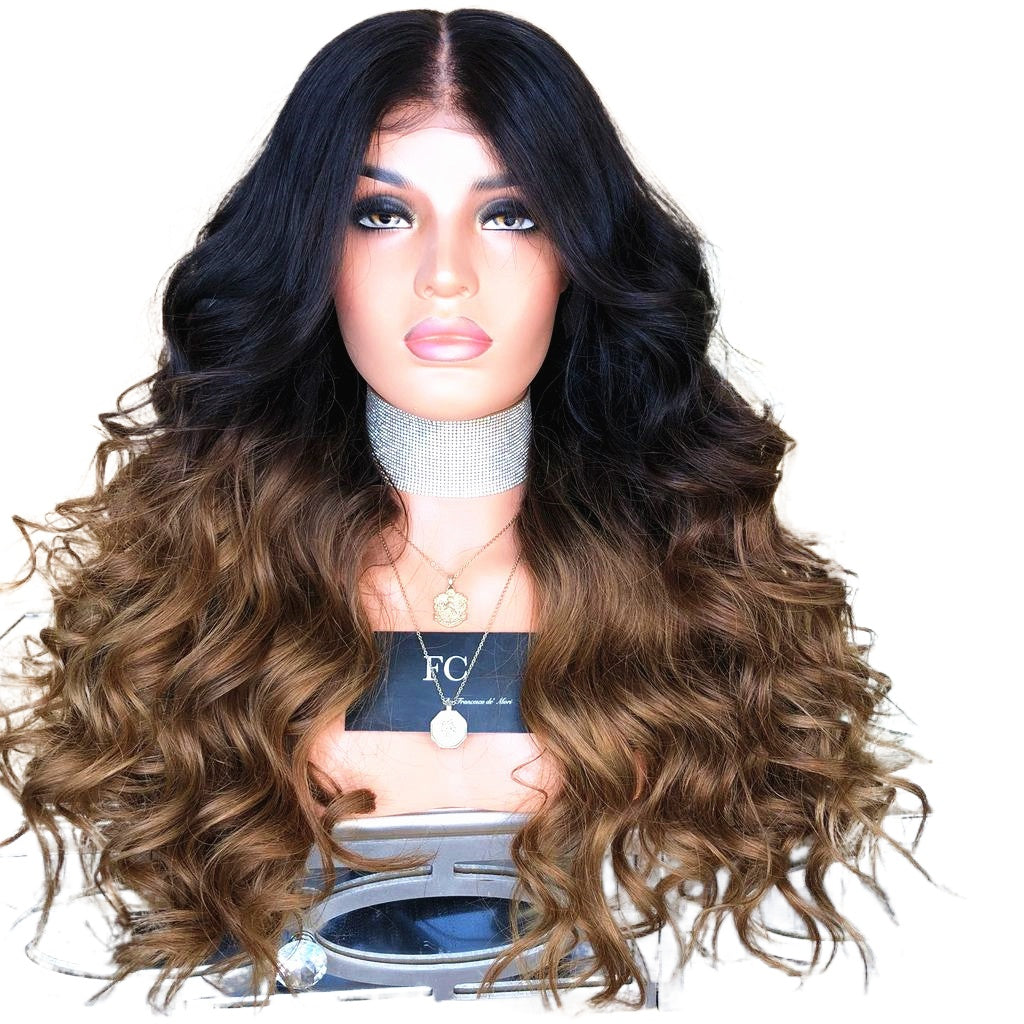 Women Wig Medium Long Curly Hair Big Wave T Color Black Brown Gradient W20