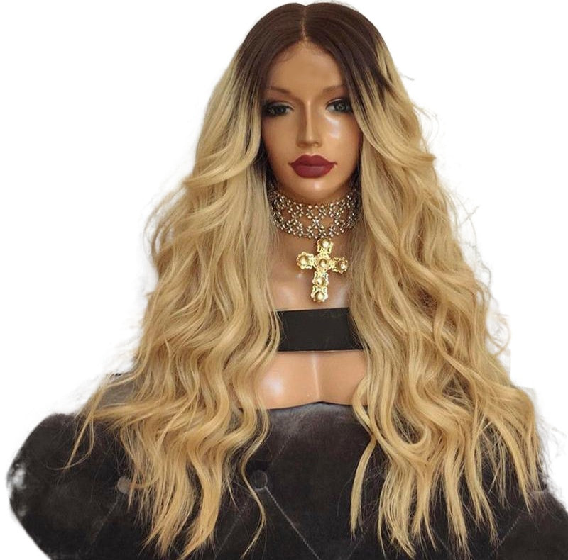 Women Wig Black Gradient Yellow Long Curly Hair Synthetic Wigs W255