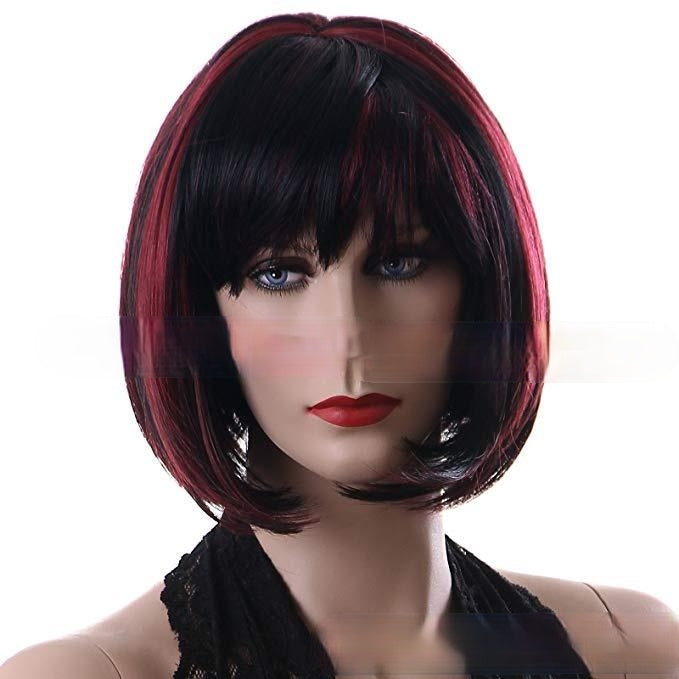 Women Wig Black Gradient Wine Red Air Bangs Bob Haircut W258