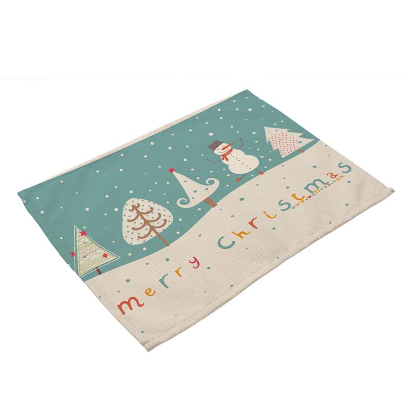2PC Christmas Tablecloths Cartoon Snowman Santa Claus Dining Room Decor Tableware Placemat Cup Pads