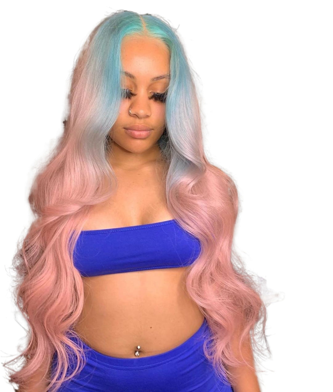 Women Wig Long Curly Blue Pink Big Wave Fluffy Curling Iron Set W481