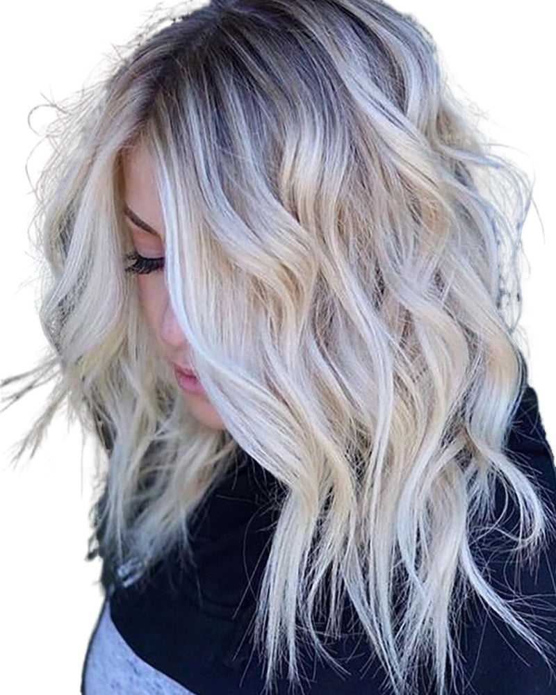 Women Wig Medium Long Curly Hair Black Gradient Silver Synthetic Wigs W156