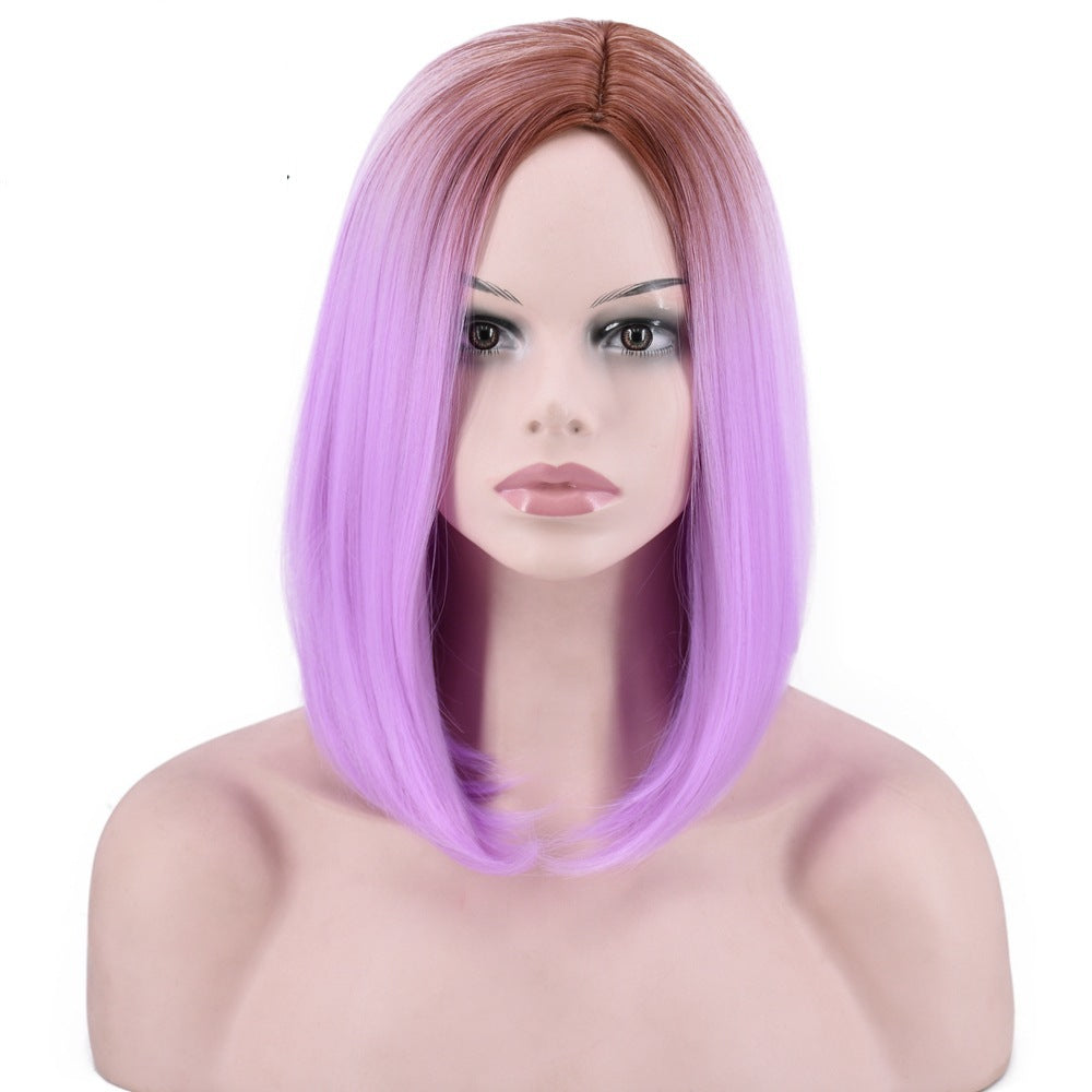 Women Wig Gradient Color Partial Light Purple Short Straight Hair W245