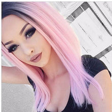 Load image into Gallery viewer, Women Wig Black Pink Gradient Color Wave Short Straight Hair Ombre Pink Wigs Cos W381

