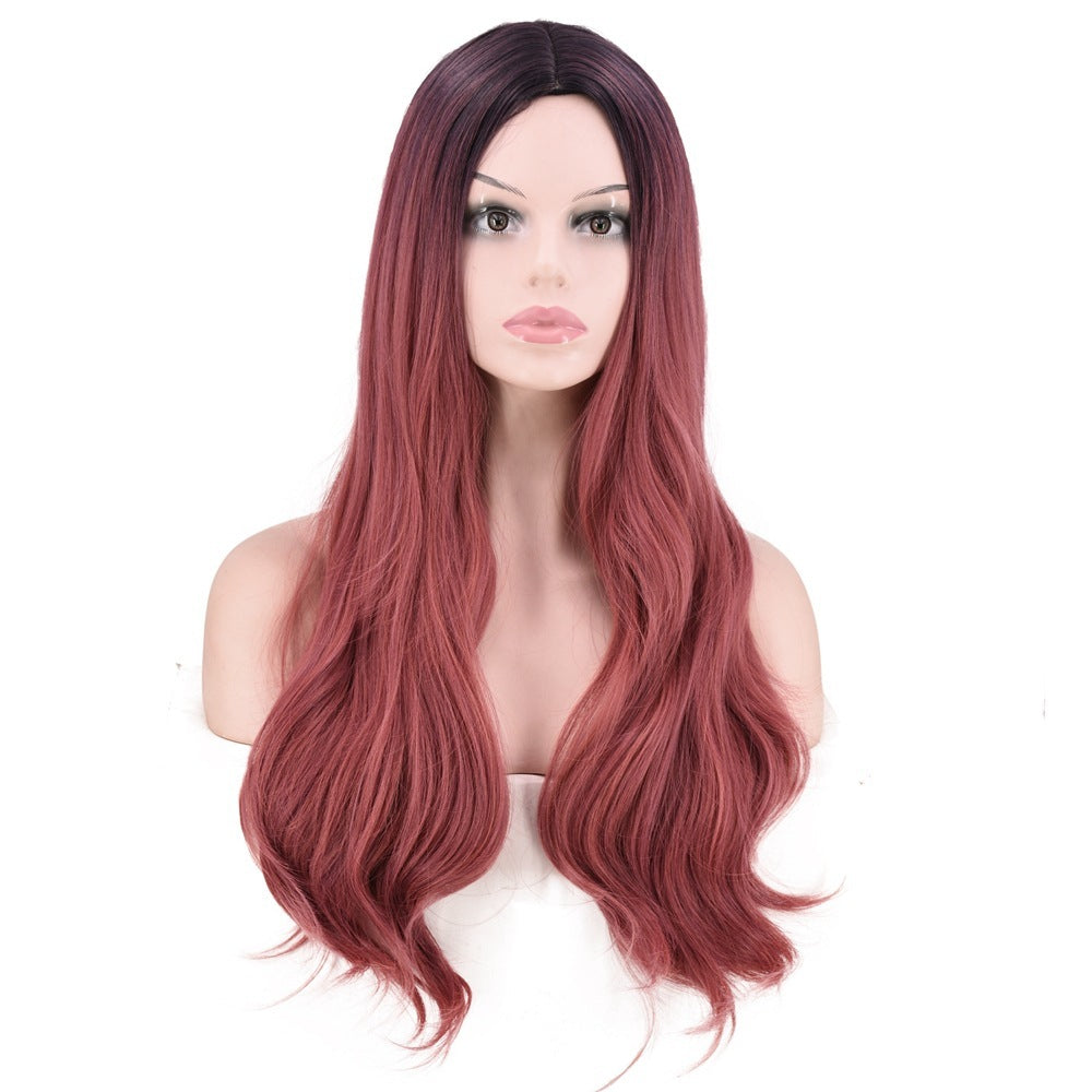Women Wig Chemical Fiber Gradient Pink Long Curly Hair W485