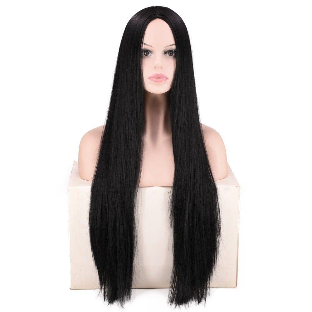 Women Wig African Natural Black  Bangs Long Straight Hair HeadCover W490