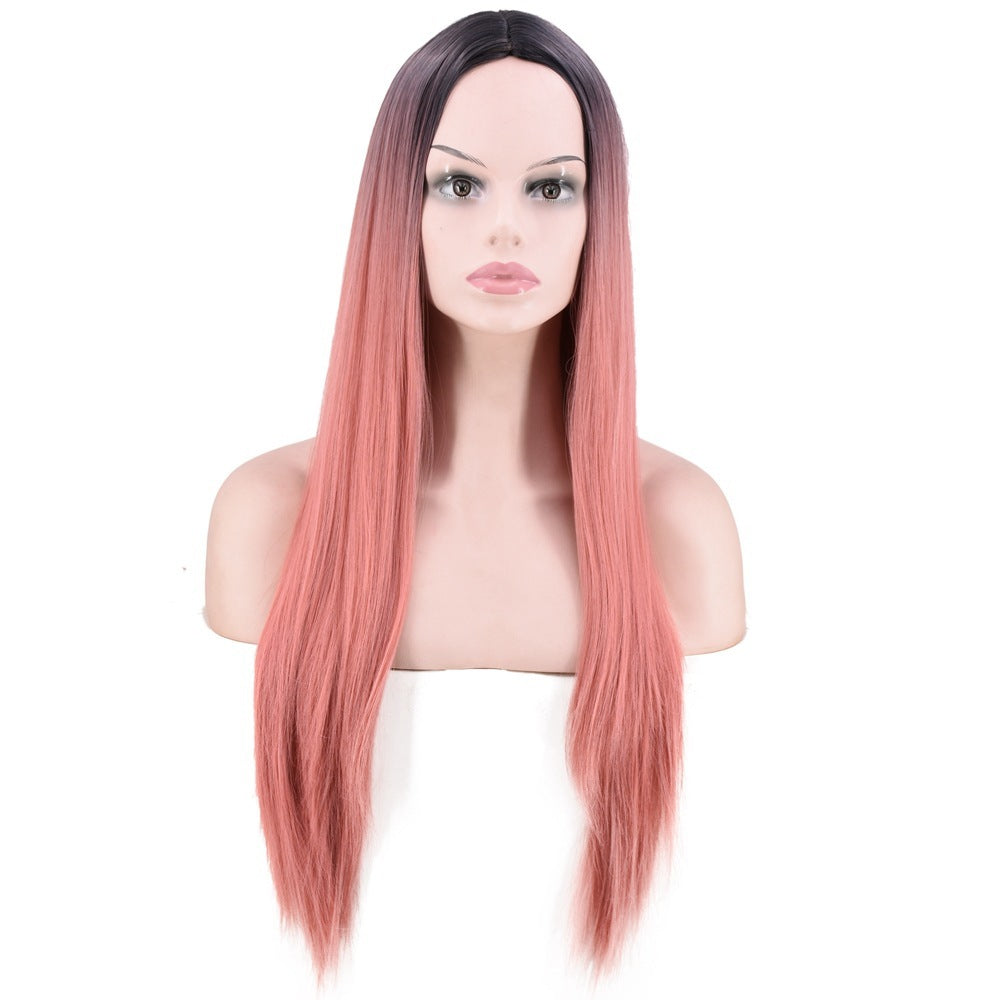 Women Wig Black Gradually Varied Pink Long Straight Bangs Synthetic Wigs W246