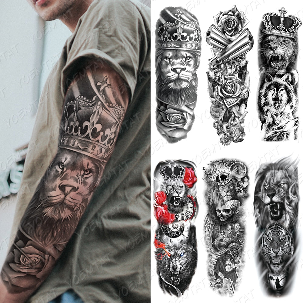 2pcs Large Arm Sleeve Tattoo Lion Crown King Rose Waterproof Temporary Tatoo Sticker