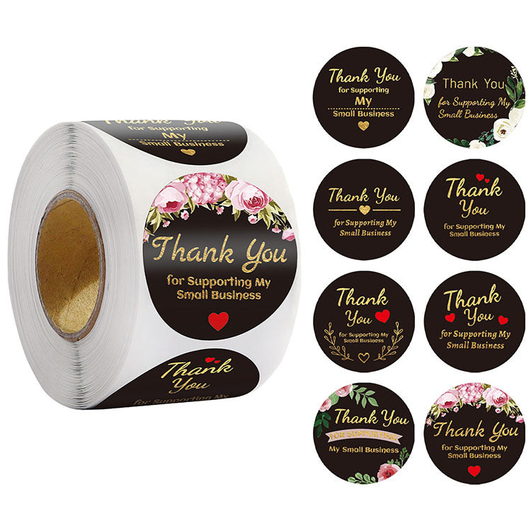 3x500pcs Xmas Christmas Stickers Roll Label 8 Pattern Floral Ring Black Background Gold Word Thank You Gift