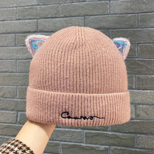 Lade das Bild in den Galerie-Viewer, Warm Winter Knit Beanie Hats Women's Autumn and Winter  Korean Style Embroidered Letter Wool Cat Ears Unisex
