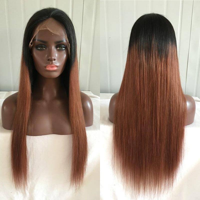Women Wig Gradient Black T30 Long Straight Hair Former Lace Head Cap W108
