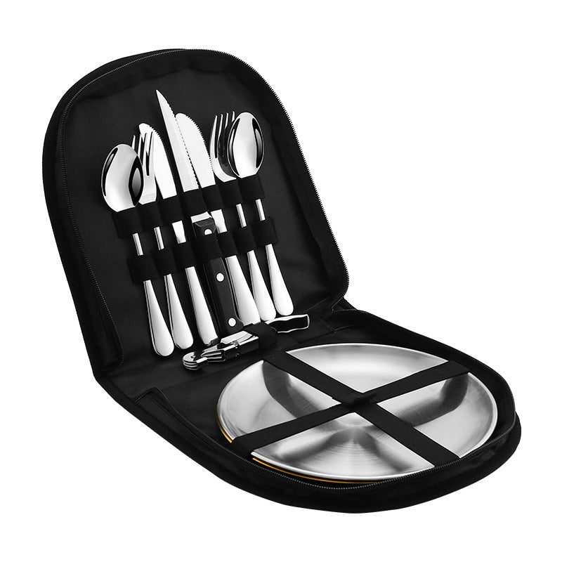 304 Stainless Steel Flatware Sets Double Portable Outdoor Picnic Bag Tableware