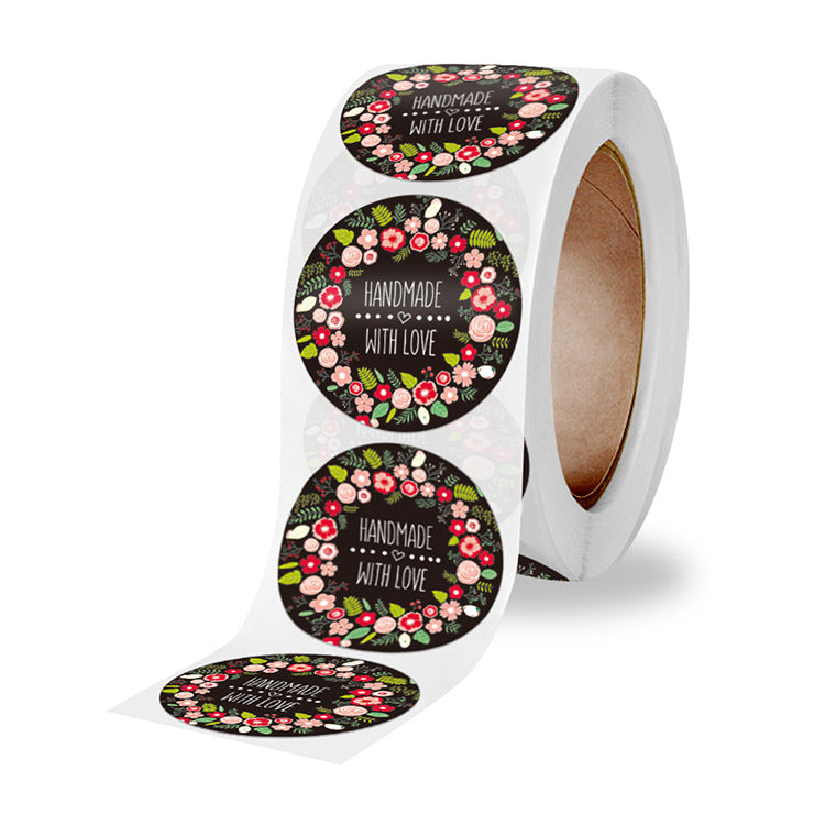 2x500pcs Xmas Christmas  Stickers Roll Label Black Flower Hand Made with Love Baking Compensation