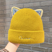 Lade das Bild in den Galerie-Viewer, Warm Winter Knit Beanie Hats Women's Autumn and Winter  Korean Style Embroidered Letter Wool Cat Ears Unisex
