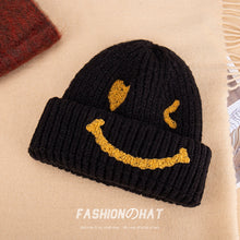 Load image into Gallery viewer, Warm Winter Knit Beanie Hats  Embroidered Smiley Woolen Cap Couple Pullover Unisex
