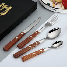 Lade das Bild in den Galerie-Viewer, 304 Stainless Steel Flatware Sets 4PCs Rosewood Wooden Handle Knife, Fork and Spoon with Storage Bag
