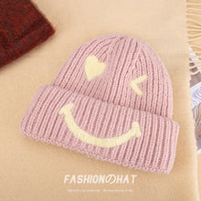 Load image into Gallery viewer, Warm Winter Knit Beanie Hats  Embroidered Smiley Woolen Cap Couple Pullover Unisex
