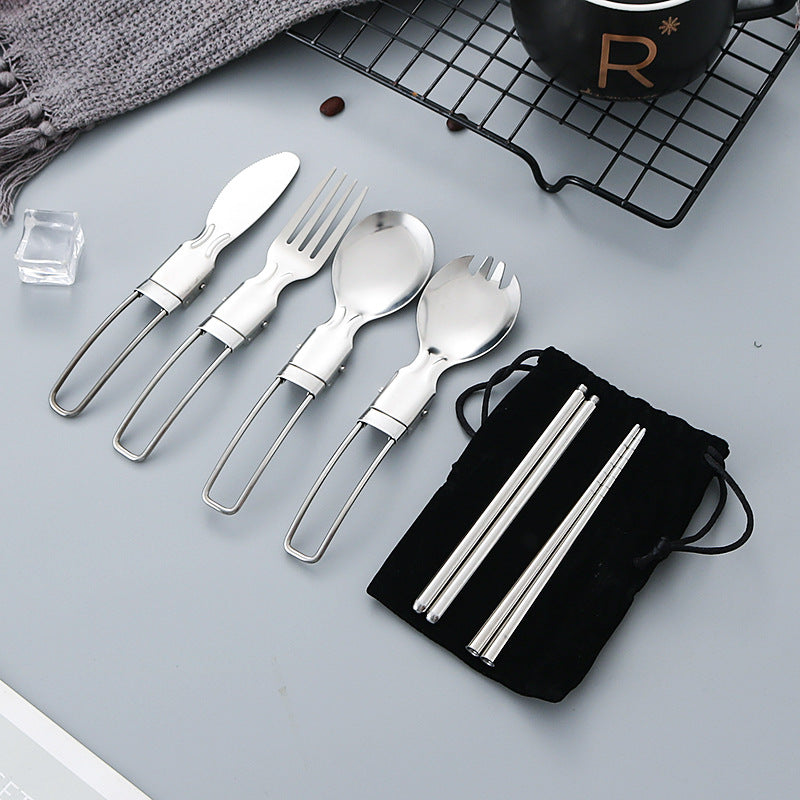 304 Stainless Steel Flatware Sets 5pcs/set Spoon Fork Chopsticks Half Folding Outdoor Picnic Travel Portable Foldable