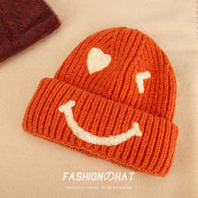 Load image into Gallery viewer, Warm Winter Knit Beanie Hats  Embroidered Smiley Woolen Cap Couple Pullover Unisex

