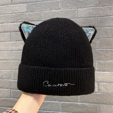 Lade das Bild in den Galerie-Viewer, Warm Winter Knit Beanie Hats Women's Autumn and Winter  Korean Style Embroidered Letter Wool Cat Ears Unisex
