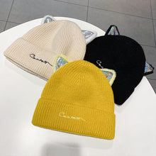 Lade das Bild in den Galerie-Viewer, Warm Winter Knit Beanie Hats Women's Autumn and Winter  Korean Style Embroidered Letter Wool Cat Ears Unisex
