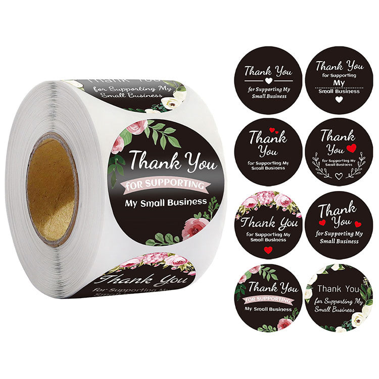 3x500pcs Xmas Christmas Stickers Roll Label 8 Pattern Floral Ring Black Background White Word Thank You Gift