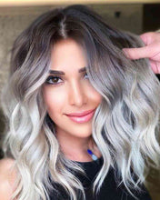 Load image into Gallery viewer, Women Wig Medium Long Curly Hair Black Gradient Silver Synthetic Wigs W156
