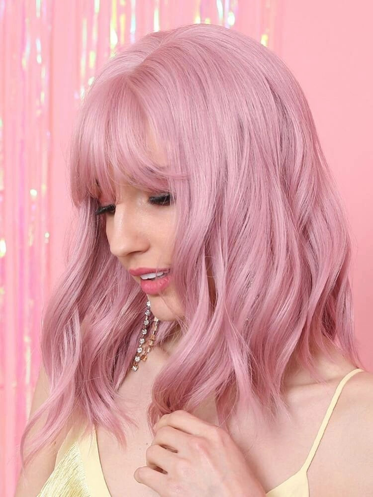 Women Wig Fashion Light Pink Short Curly Hair Bobo Headgear W18