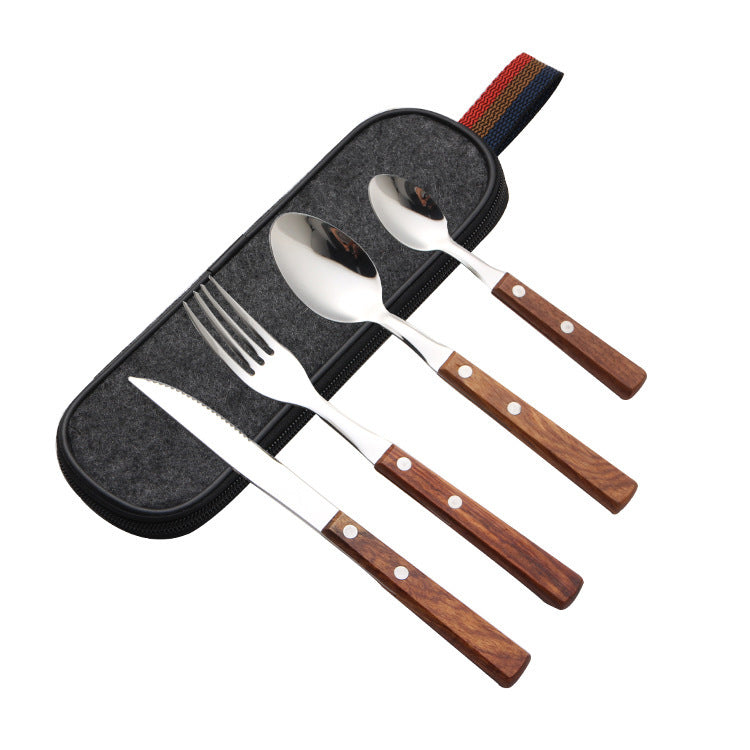 304 Stainless Steel Flatware Sets 4PCs Rosewood Wooden Handle Knife, Fork and Spoon with Storage Bag