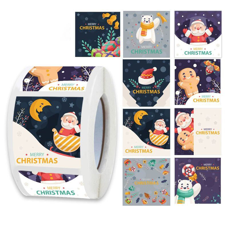 2x500pcs Christmas Xmas Square 9 Pattern Santa Snowman Merry Christmas Christmas Stickers tape