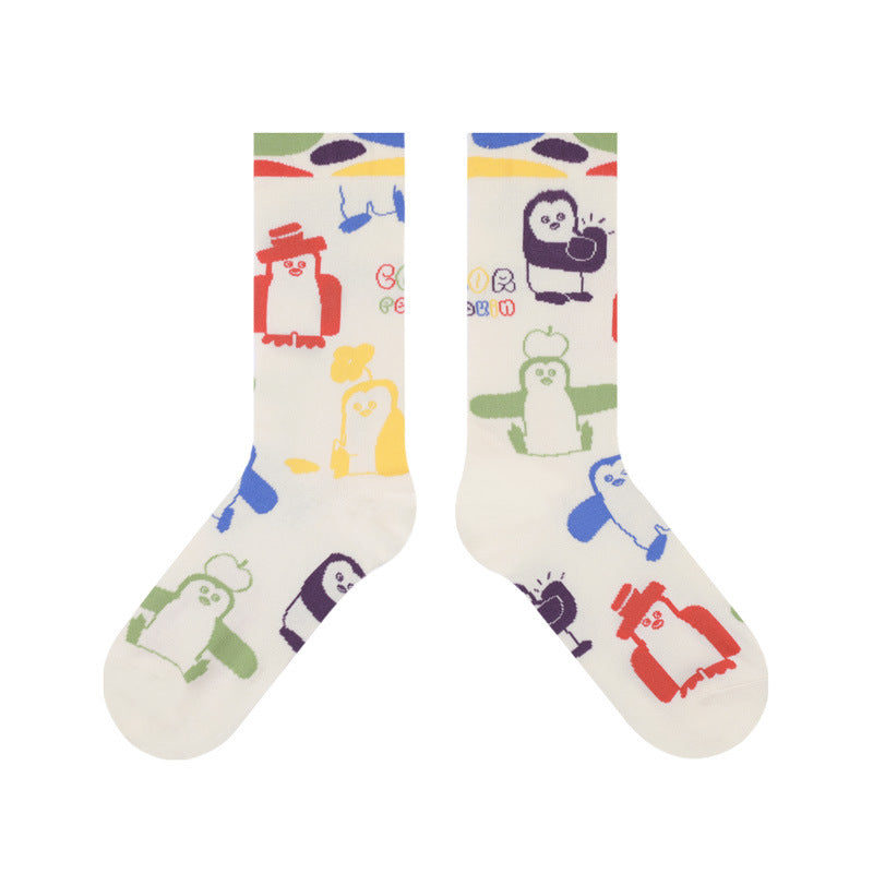 3 Pairs Trendy Cute Adult Women's Socks Autumn Winter Cotton Cartoon Penguin Tube Socks