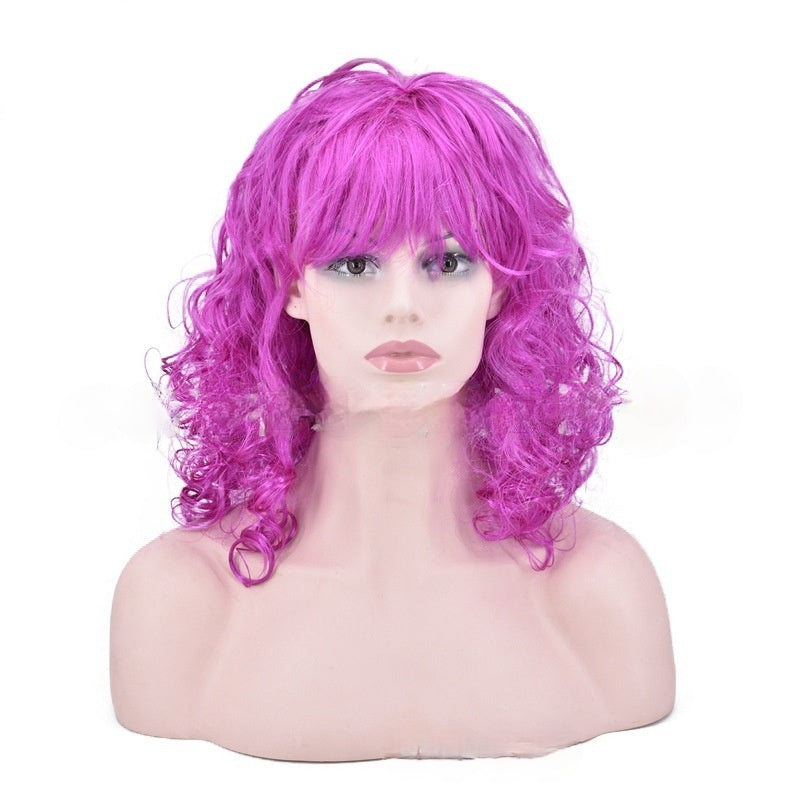Women Wig Purple Mid-Length Curly Hair Bangs Small Wave Headgear W67