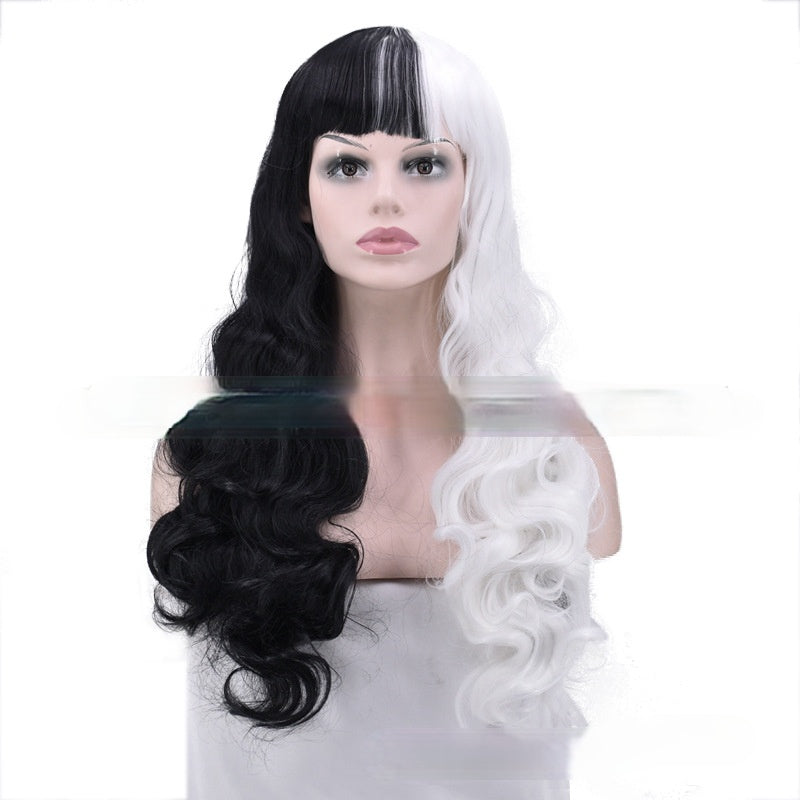 Women Wig Mid-Length Black and White Long Curly Hair Headgear W213