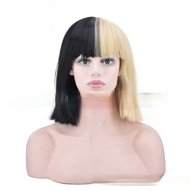 Women Wig Black Golden Bangs Fluffy Shoulder Straight Hair Headgear W222