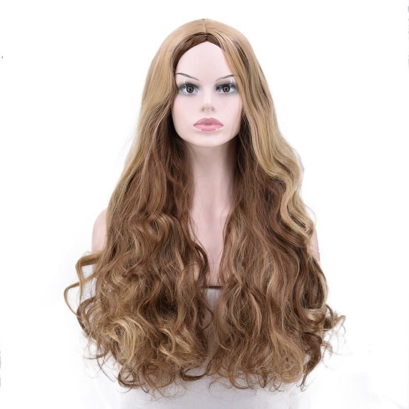 Women Wig Black Brown Highlight Gradient Mid-Length Curly Hair W228