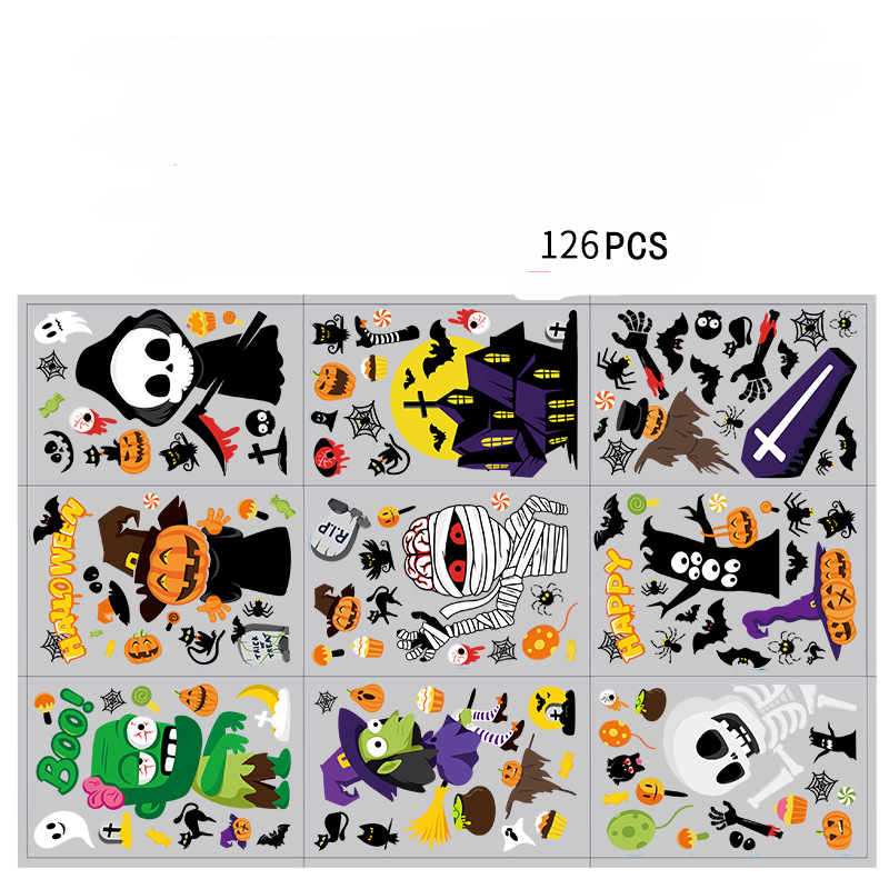 2PCs Halloween Party Static Double-Sided Glass Window Pumpkin Skull Wall Sticker