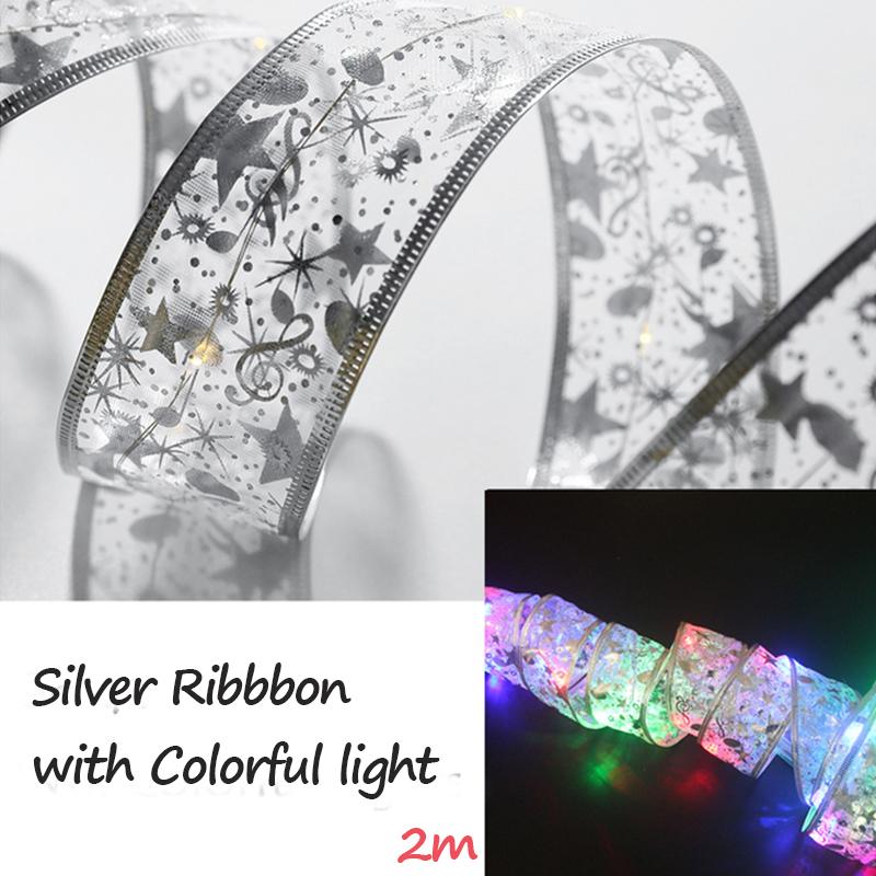 2m/5m LED Light Christmas Ribbon Bows with LED Christmas Tree Ornaments New Year Home Decor