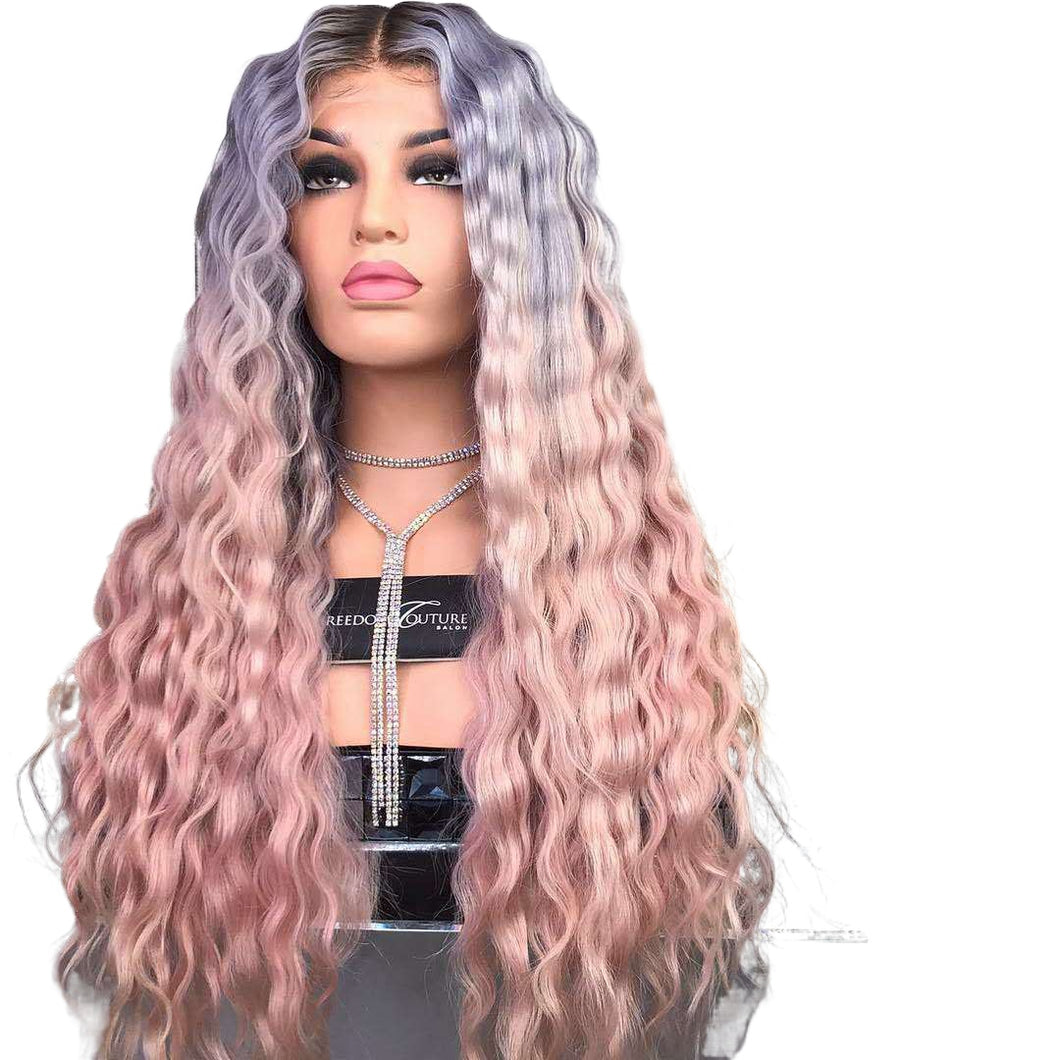 Women Wig Black Gradient Blue Pink Corn Curler Long Roll headgear W507