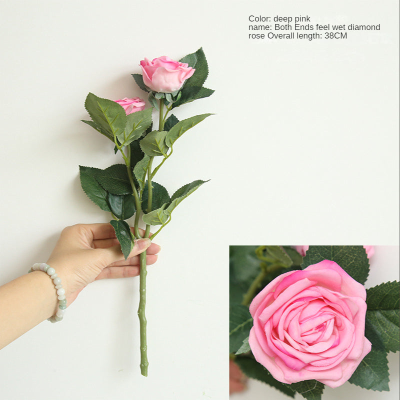2PC 2 Heads Dark Pink Tea Rose Artifical Fake Flower Plants Home Decoration Wedding Bouquet