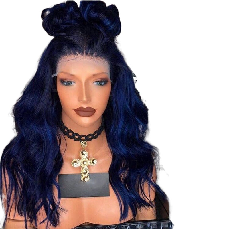 Women Wig Fashion Gradient Blue Former Lace Head Cap Long Curly Hair W422