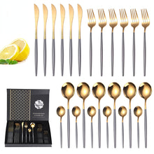 Lade das Bild in den Galerie-Viewer, 304 Stainless Steel Flatware Sets 24 Piece Gold Plated Cutlery Spoon Gift Box Set
