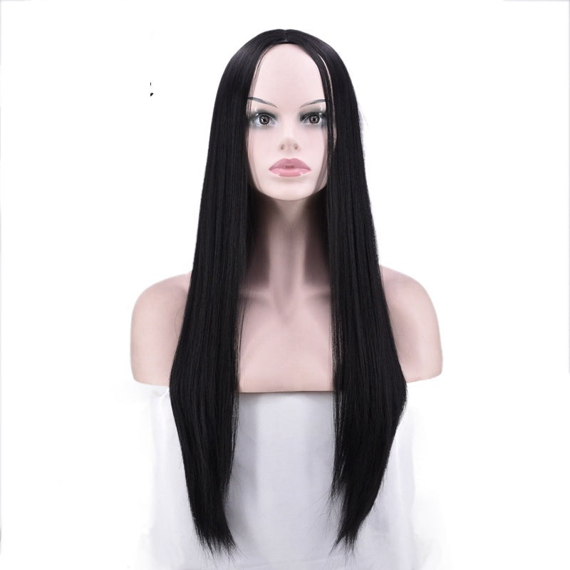 Women Wig Mid-Length Black Face Trimming Long Straight Hair Realistic Headgear W224